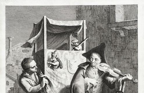 Títeres, copia del grabado en color hecho por Giovanni Volpato, conservado en el Museo de Gadagne de Lyon. Reproduce un óleo pintado hacia 1770 por el veneciano Francesco Maggiotto. Wikipedia.